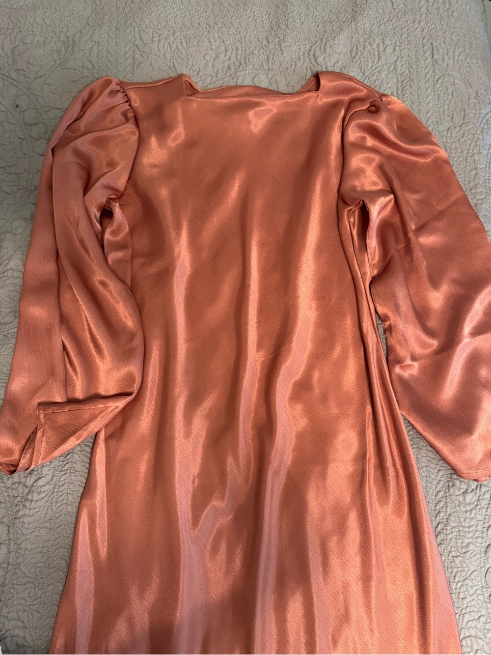 PODUR Satin Puff-Sleeve Midi Dress in Copper Peach